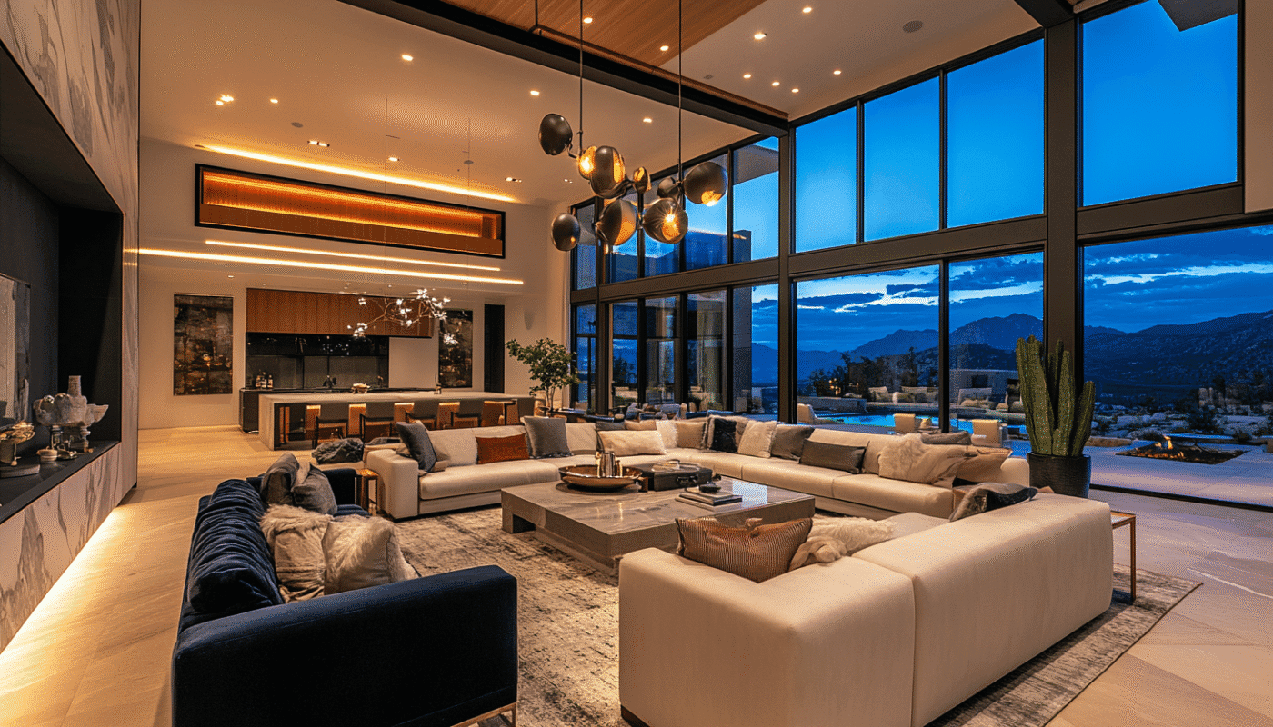 Luxury living room with sectional sofa and sleek coffee table, ideal for furniture packages in Dubai.
