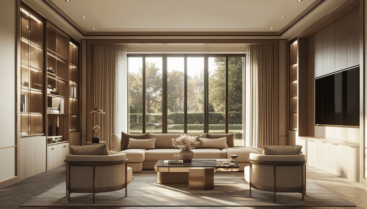 Modern living room with bespoke joinery, beige sofa, and minimalist TV unit
