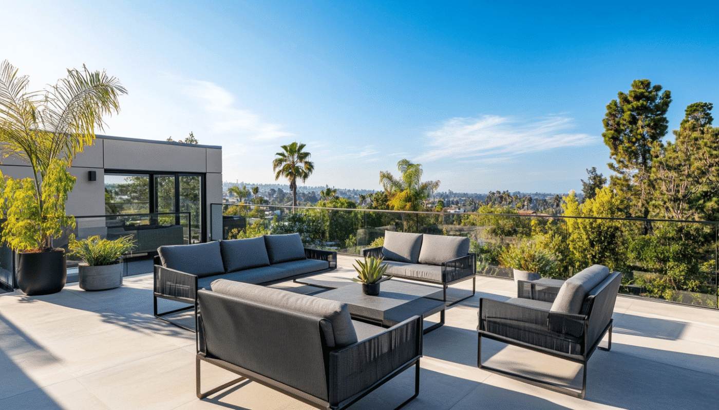 Modern outdoor furniture set with aluminium frame in a Dubai villa terrace garden setting