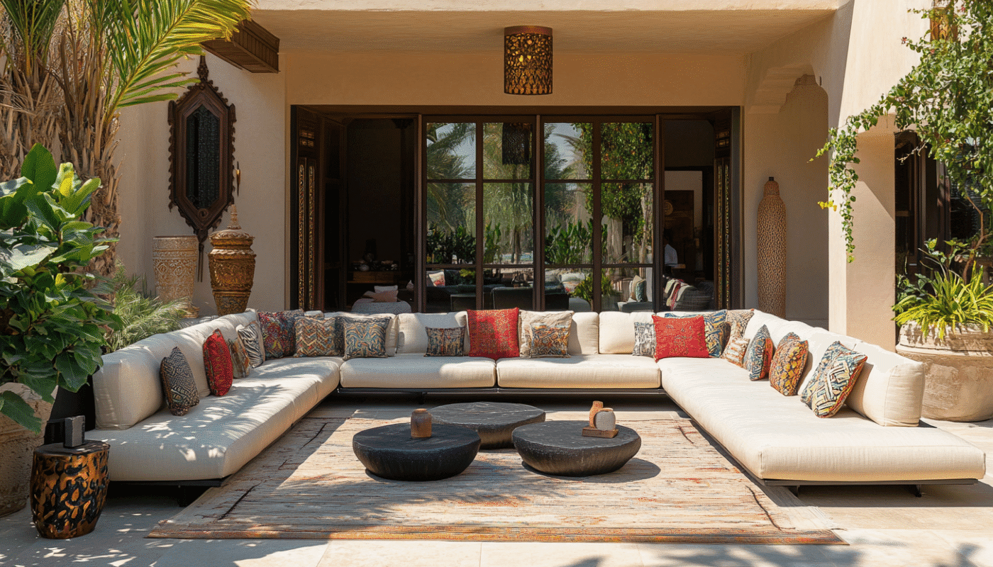 Modular outdoor furniture set with cream sofa and colourful cushions for Dubai and UAE gardens.