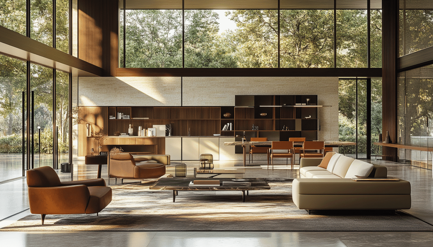 Modern living room with leather armchairs and cream sofa, furniture packages Dubai