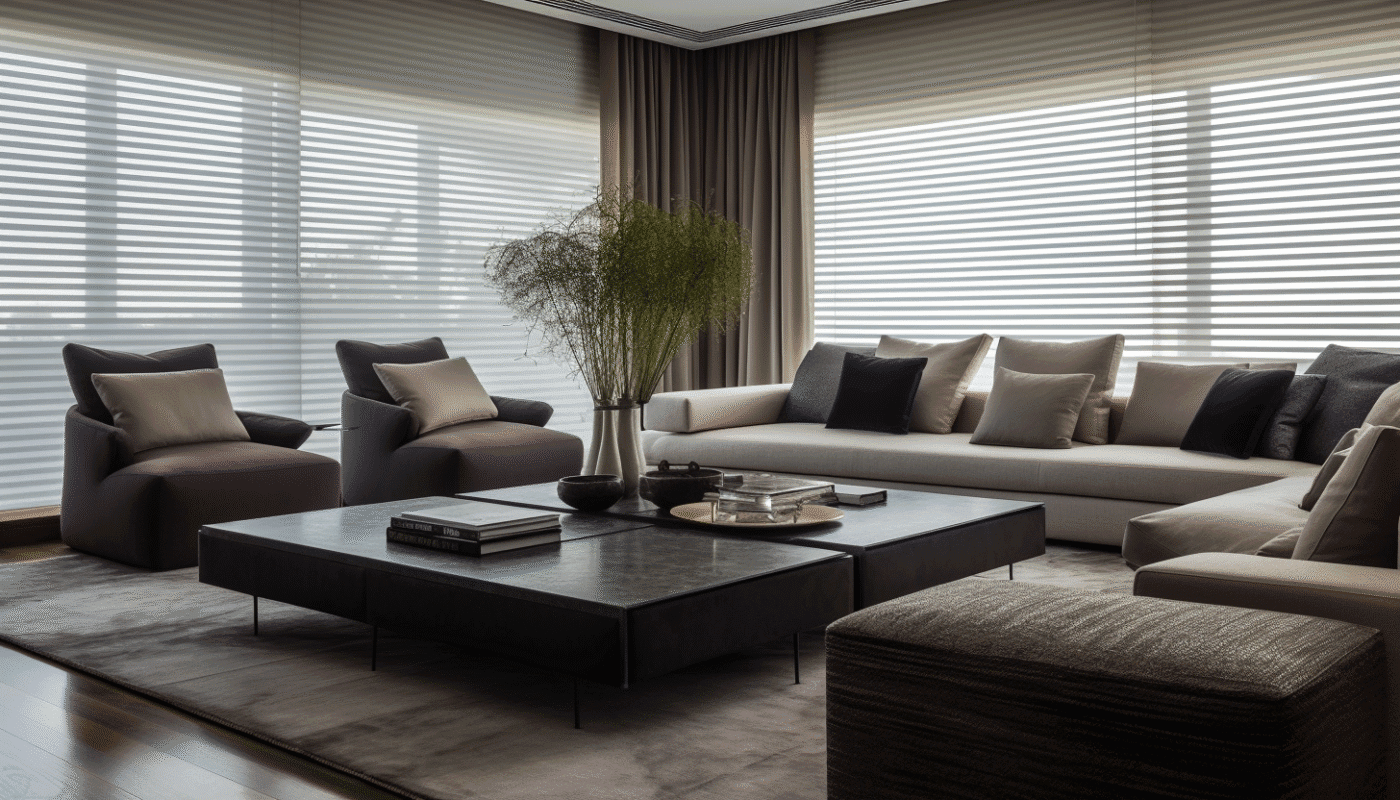 Neutral roller blinds with layered curtains in upscale Dubai living room