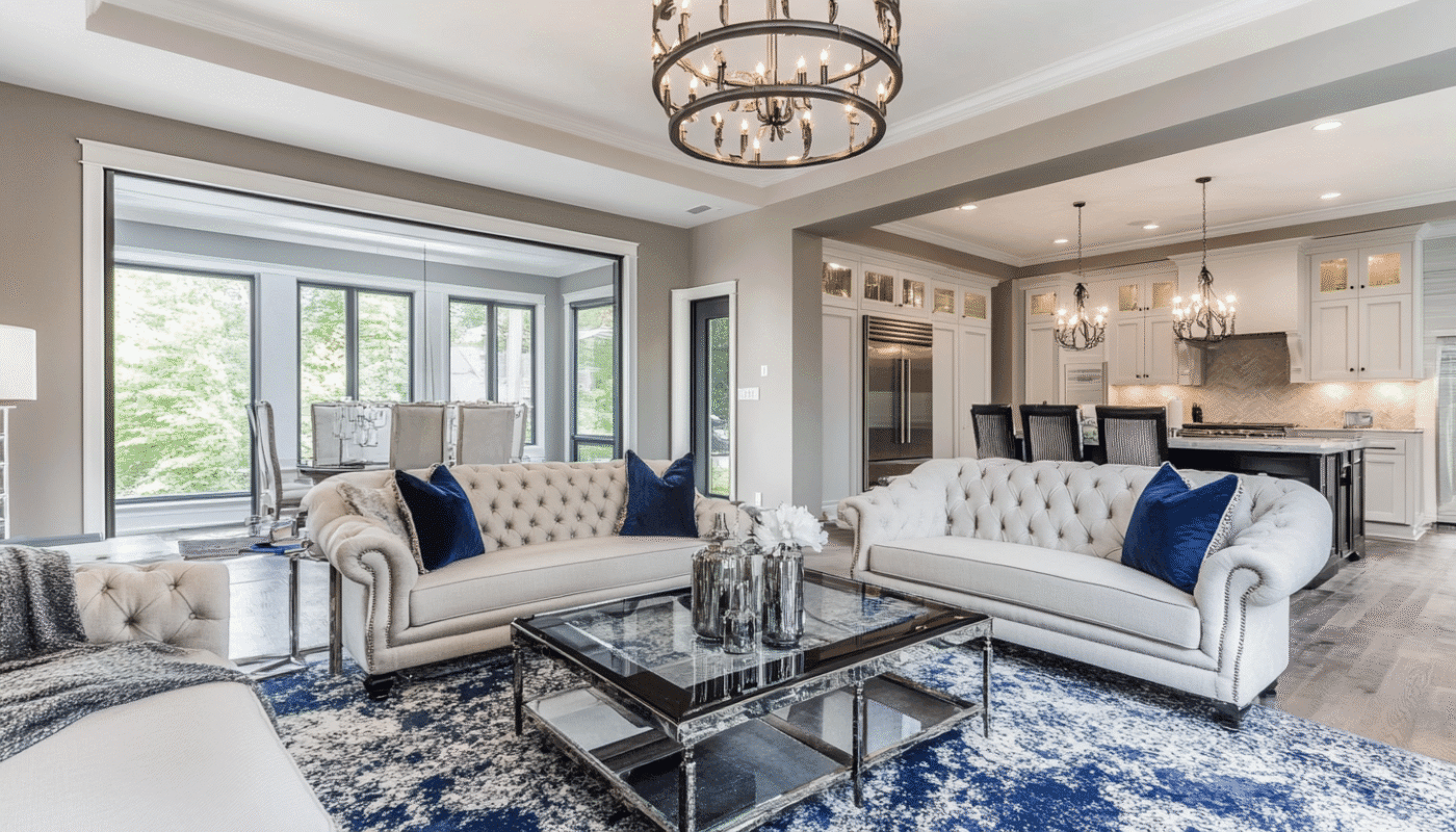 Modern living room with beige tufted sofas, navy cushions, mirrored coffee table, and blue rug.