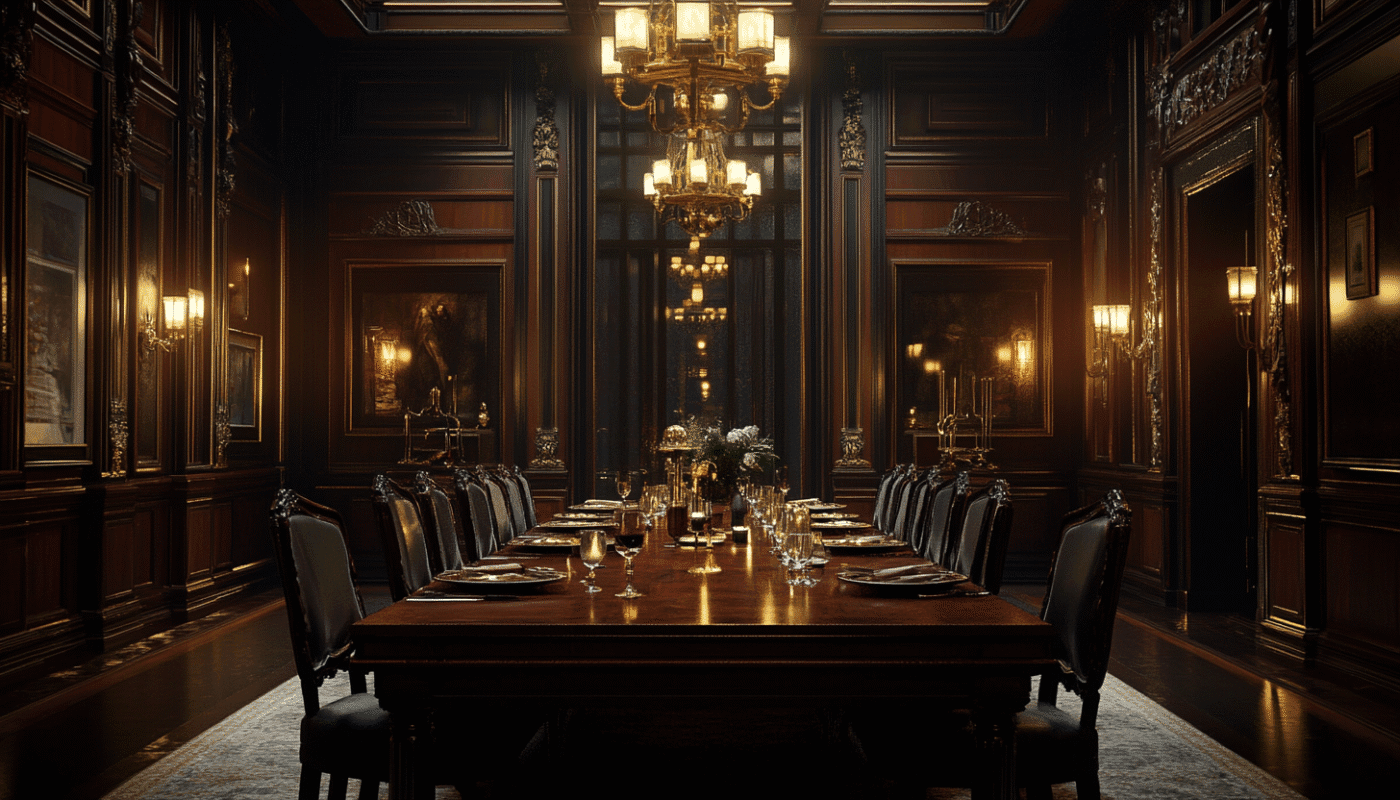 Dark wood classic dining furniture with ornate chairs for luxury home interiors.