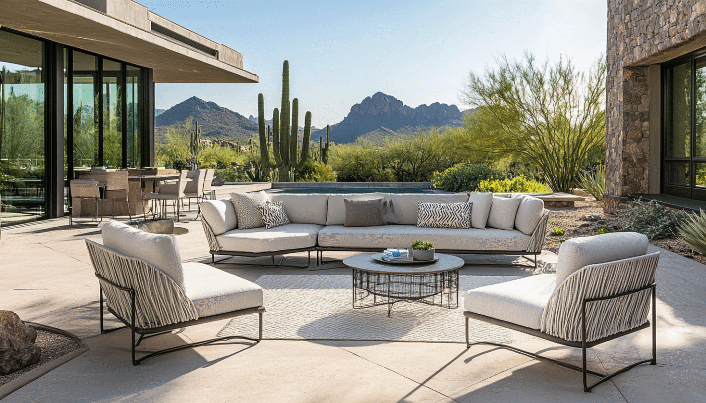 Outdoor furniture set with sectional sofa, coffee table, and rattan seating in a desert garden.