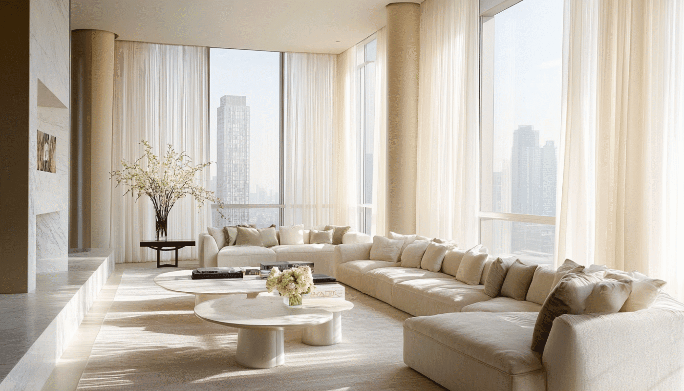Modern living room with light sheer curtains and a minimalist sofa design.