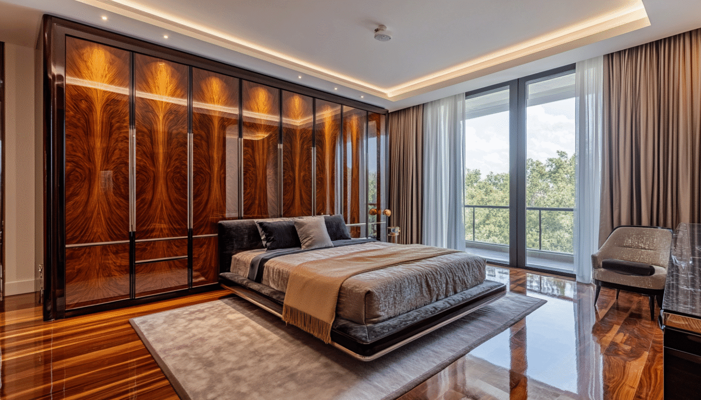 Sliding wardrobe with 4 textured dark wood veneer doors and matte black accents