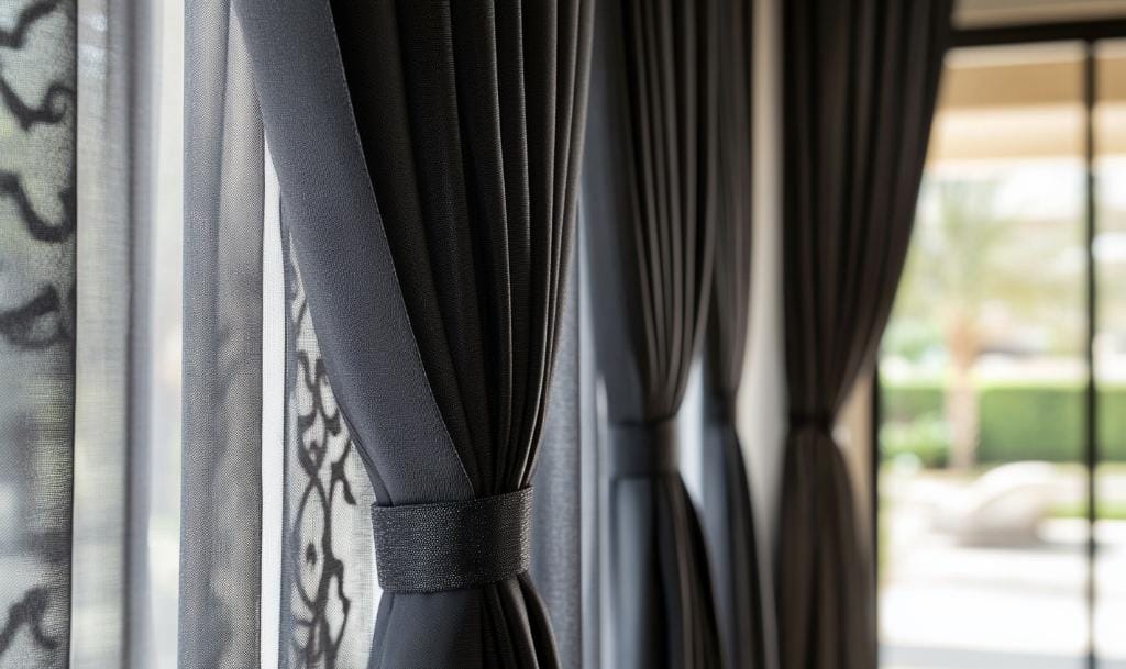 Lights with black curtains in a white room