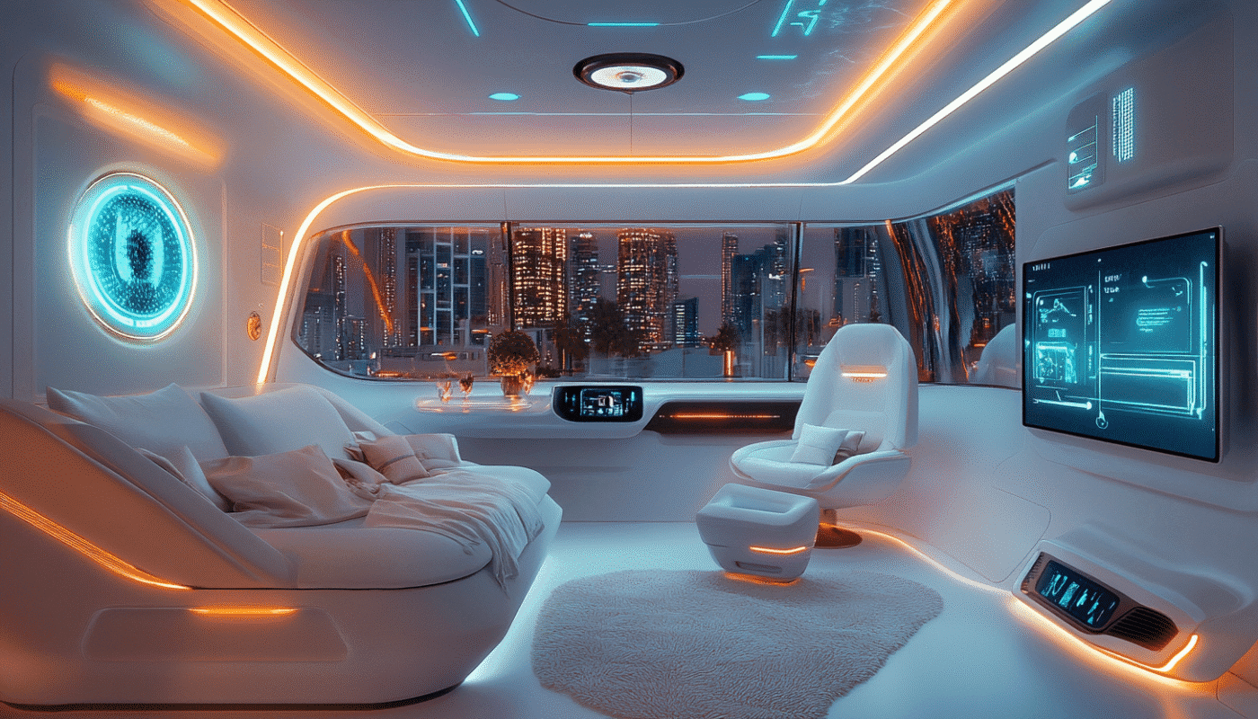 Futuristic living room with ambient lights for renovation Dubai smart home ideas.