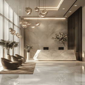 Turnkey interior fit out showcasing bespoke finishes, marble, and elegant modern decor