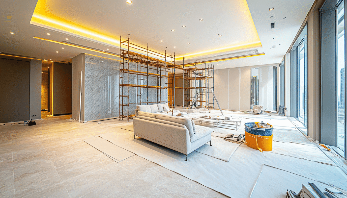 Spacious living room under renovation with scaffolding for refurbishment.