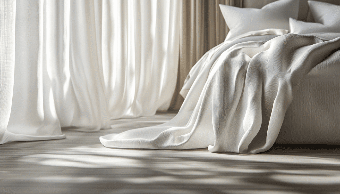 Soft white luxury drapes and curtains with elegant folds in a bright room.