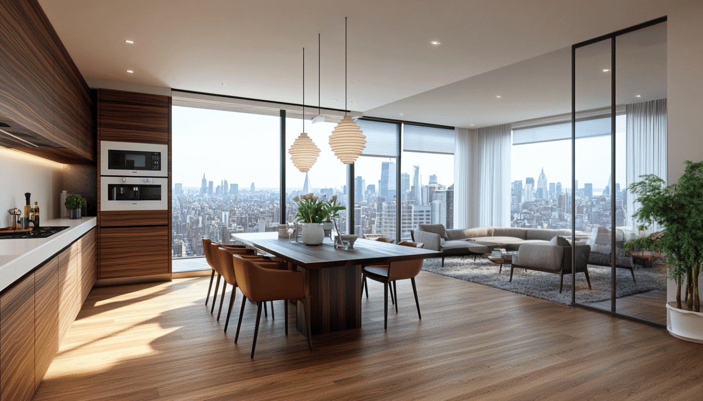 Modern furniture packages Dubai with dining set and living room sofas in luxury apartment.