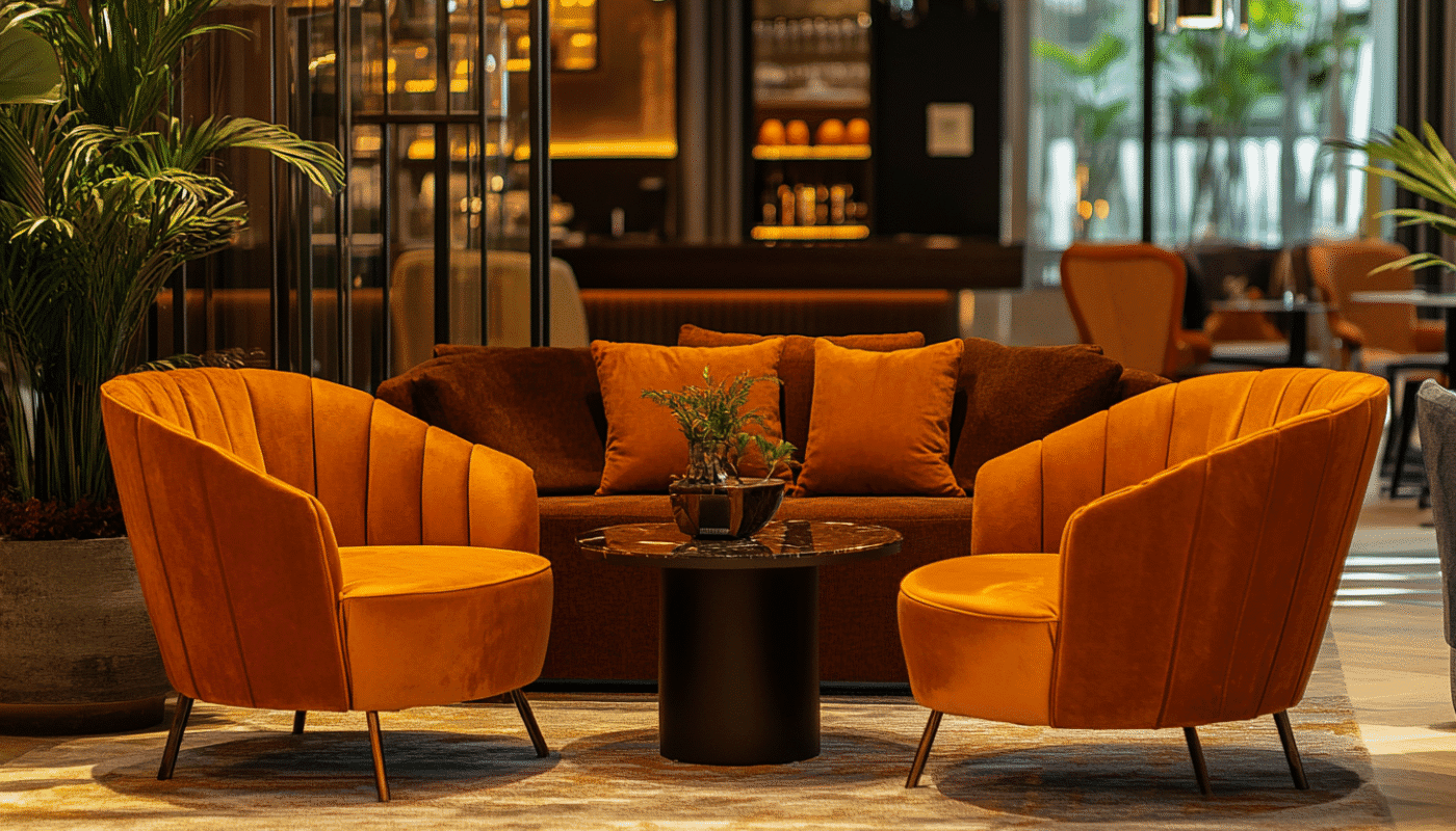 Orange velvet armchairs with jacquard fabric cushions in stylish hotel lobby