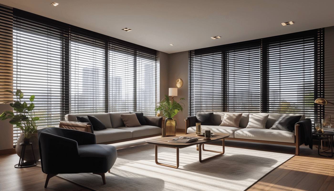 Black horizontal window blinds paired with curtains in modern Dubai living space