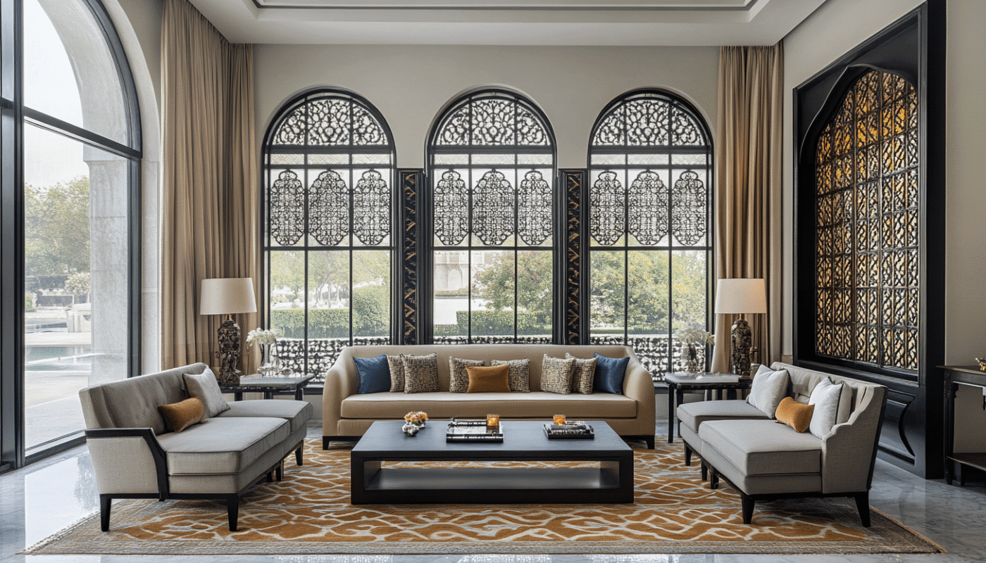 Traditional interior design elements with ornate woodwork in Dubai villa setting