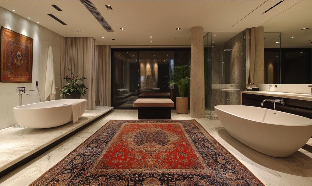 Bathroom with faded persian rug