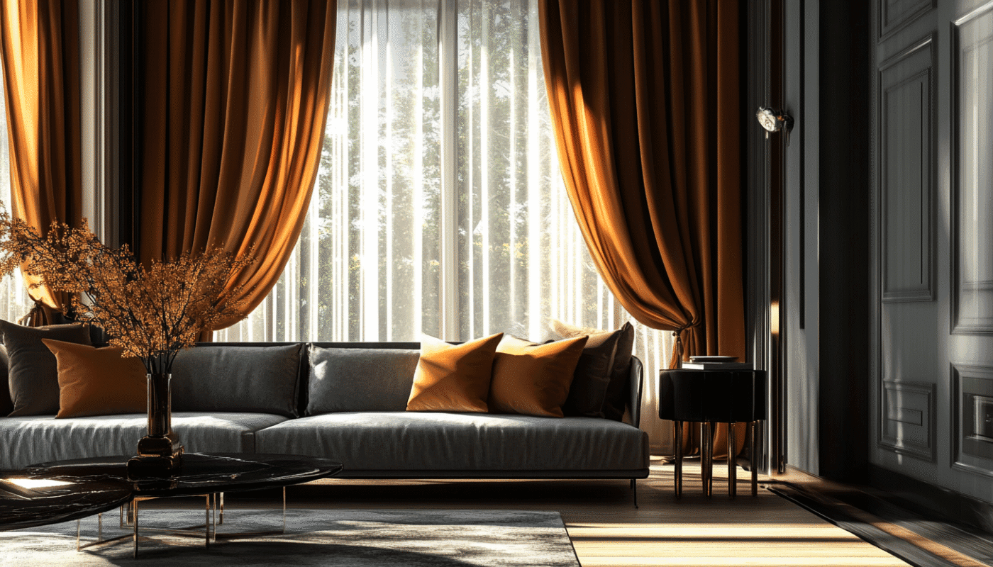 Luxury drapes in burnt orange with sheer curtains behind a grey sofa and black coffee table.