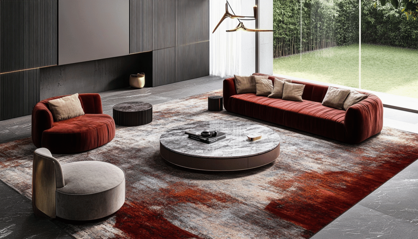 Luxury living room with red velvet sofa and vintage area rug in Dubai home setting
