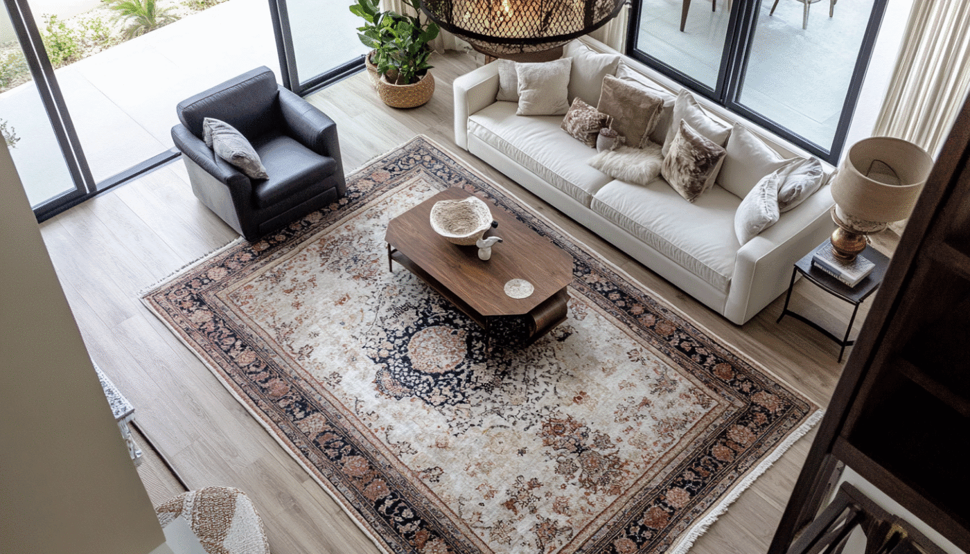 Classic vintage carpet rugs with walnut coffee table in elegant Dubai living room