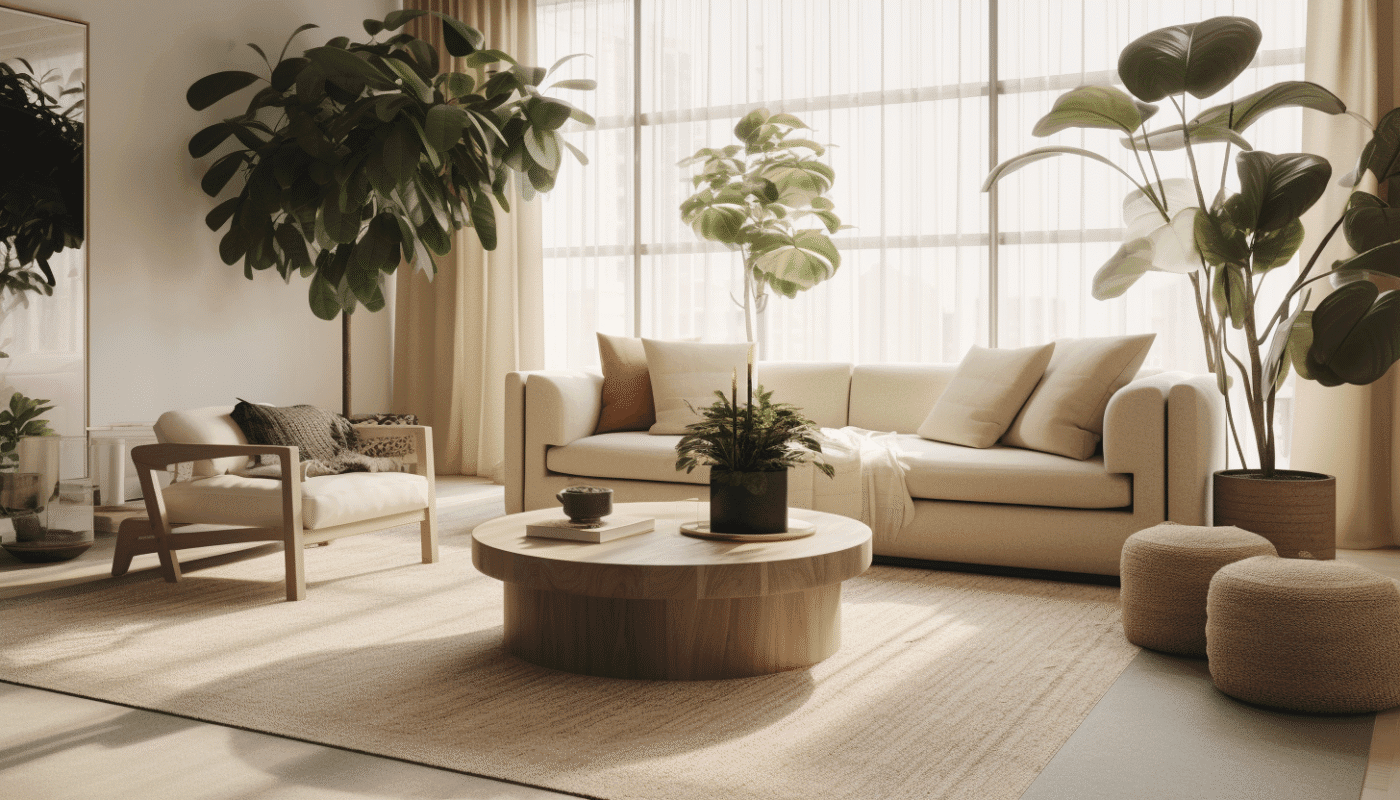 Eco-friendly jute rug with natural fibres in sunlit neutral-toned living space