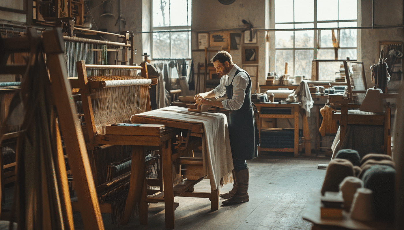 Artisan crafting bespoke upholstery fabric on wooden loom workshop