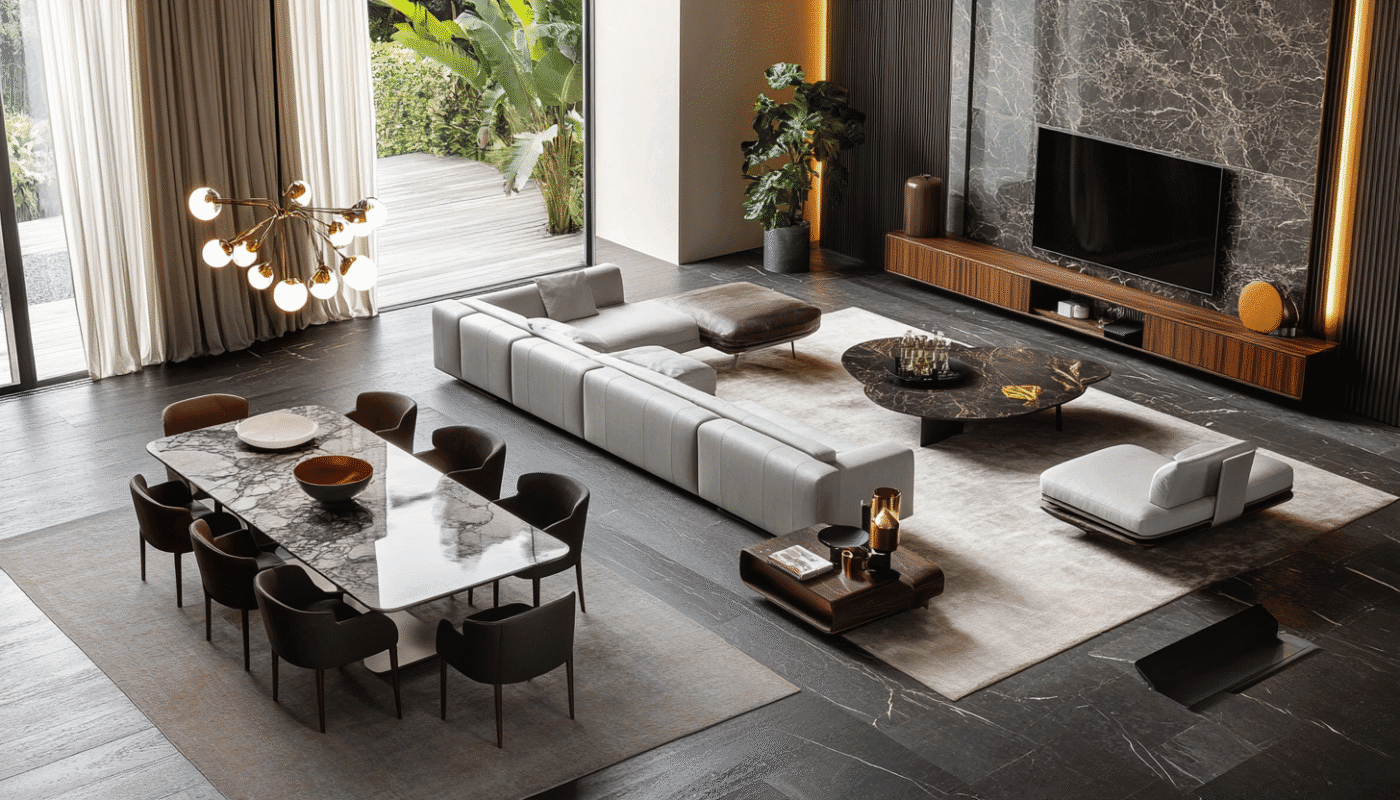 Complete house furniture packages with marble dining table, dark chairs, and grey sofa.