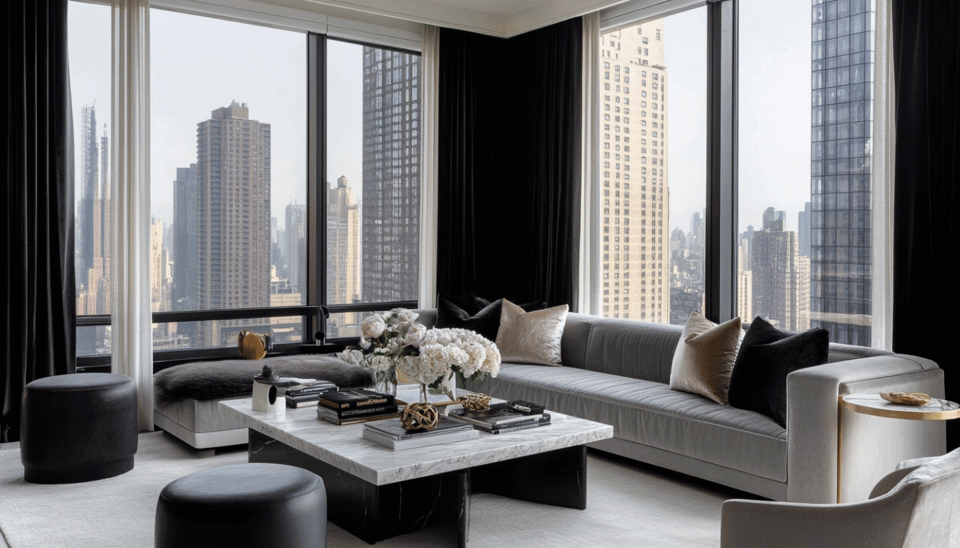 Sophisticated dining room with leather chairs and black curtains creating moody ambiance