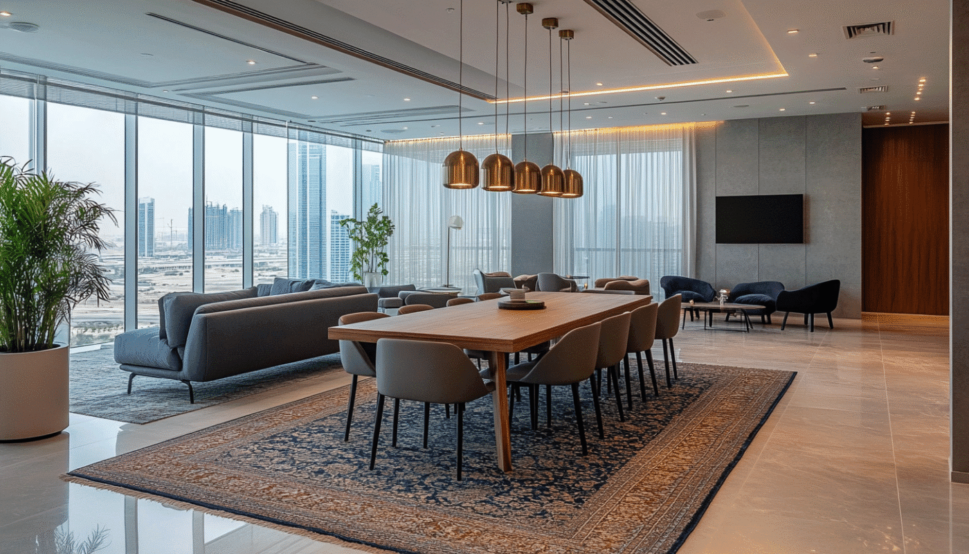 Modern living room with designer rug and comfortable seating in Dubai.