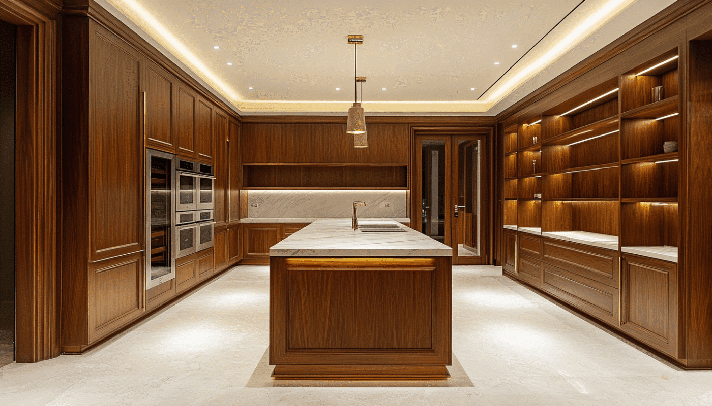 Bespoke kitchen with custom wood cabinetry and elegant premium finishes