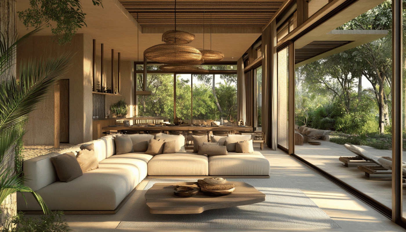 Beige L-shaped sofa and wooden coffee table in a sunlit living room with garden views.