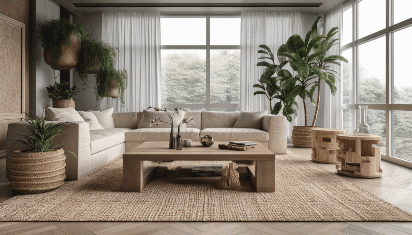 Dark grey jute rug contrasting with cream sofa and green plants in modern room