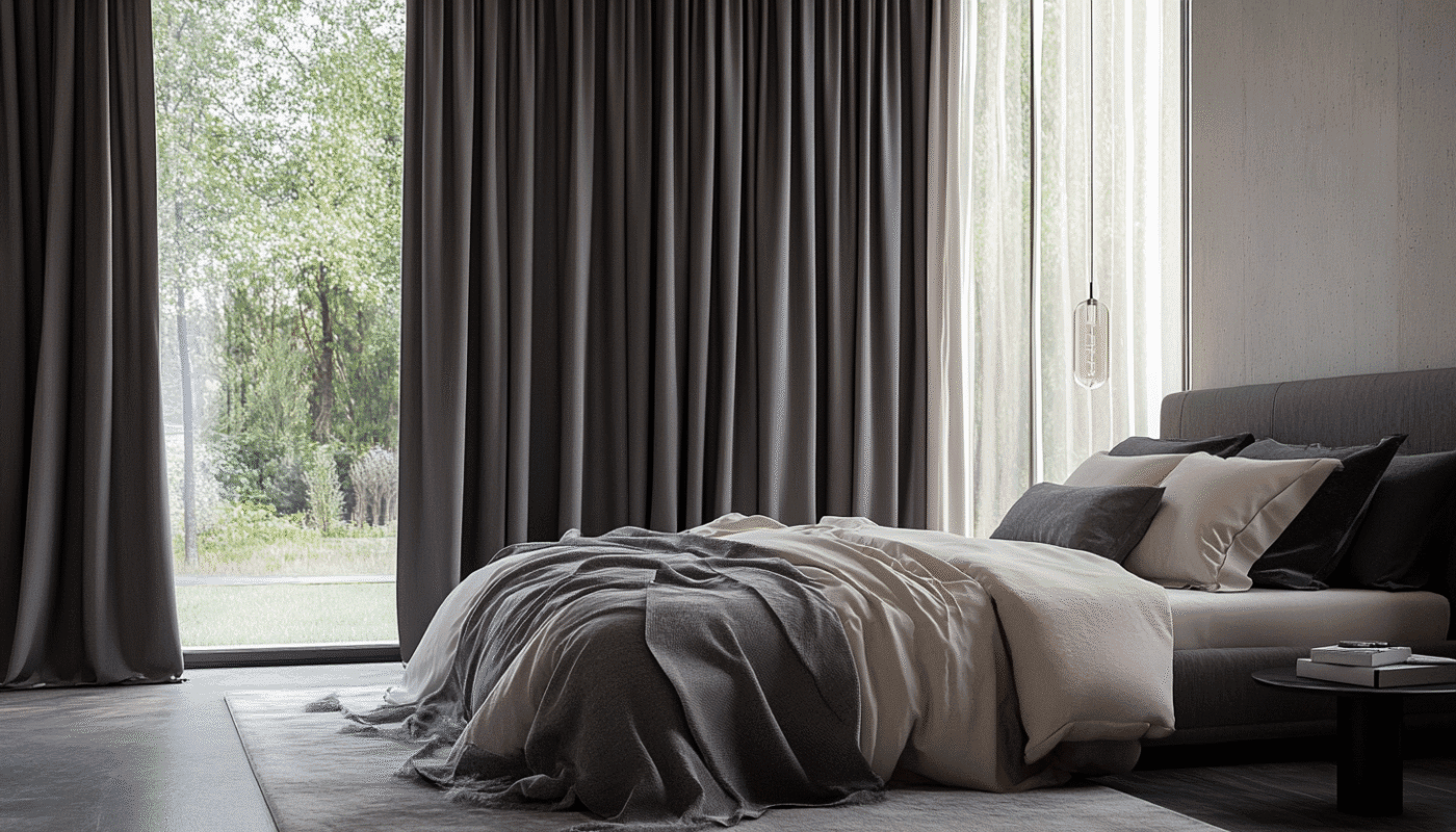 Modern luxury drapes in grey bedroom with natural light and plush bedding
