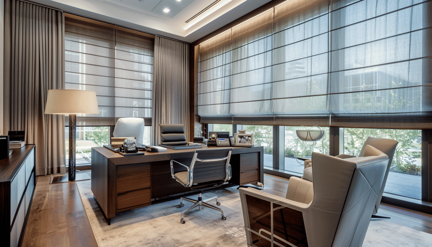 Office with automatic beige window curtains, shades, and a stylish desk.