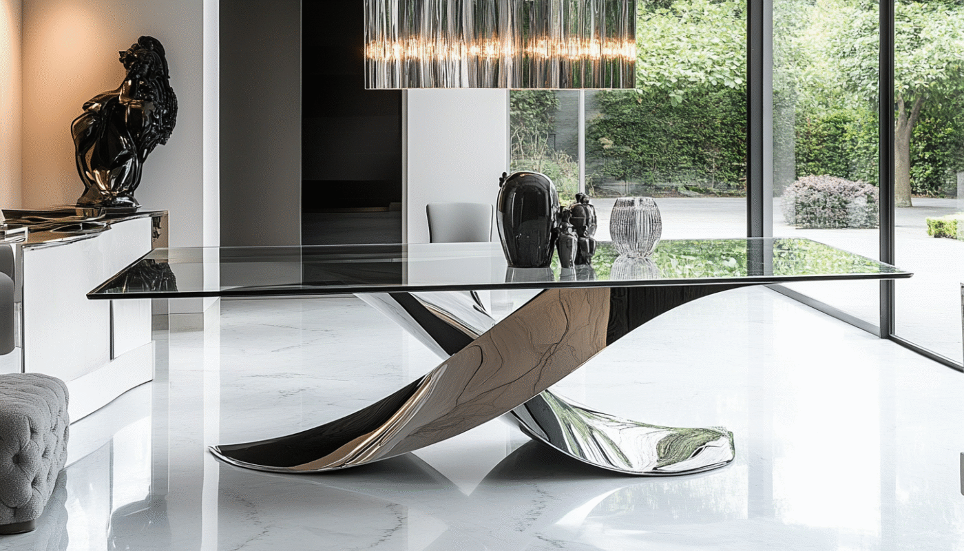 Glass table with sculptural metal base in modern luxury room by premium furniture brands