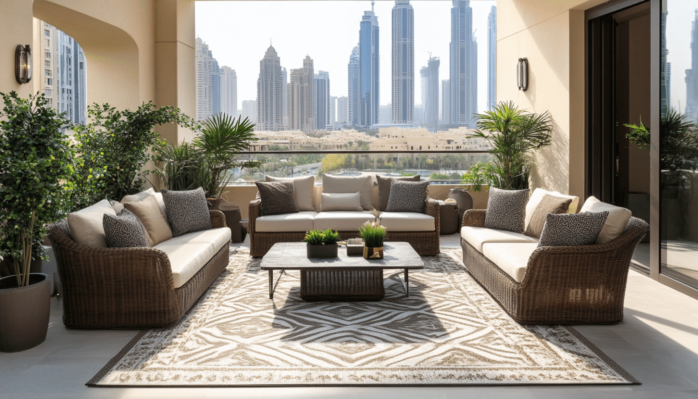 Grey outdoor rug with rattan sofas and city view from terrace.