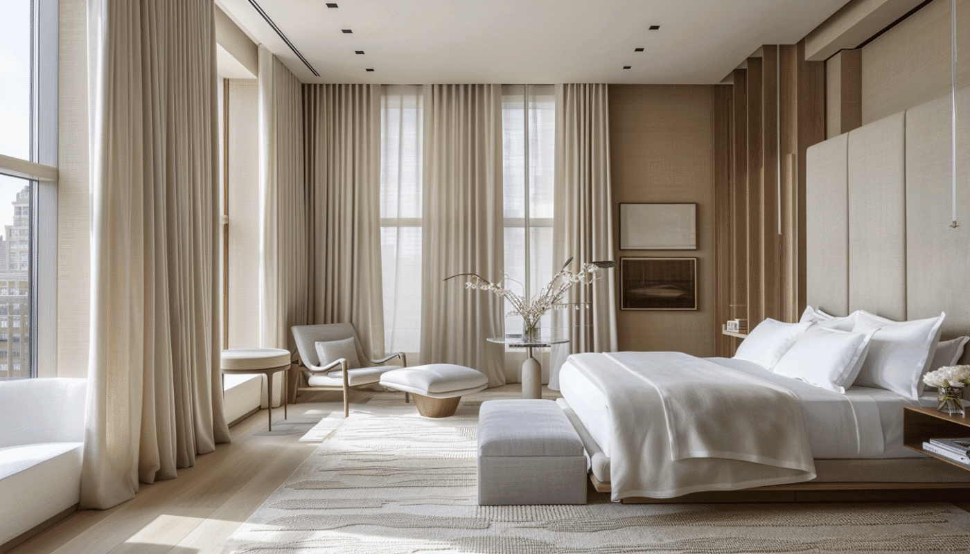 Modern bedroom with beige window curtains, a sleek chair, and a neutral rug.