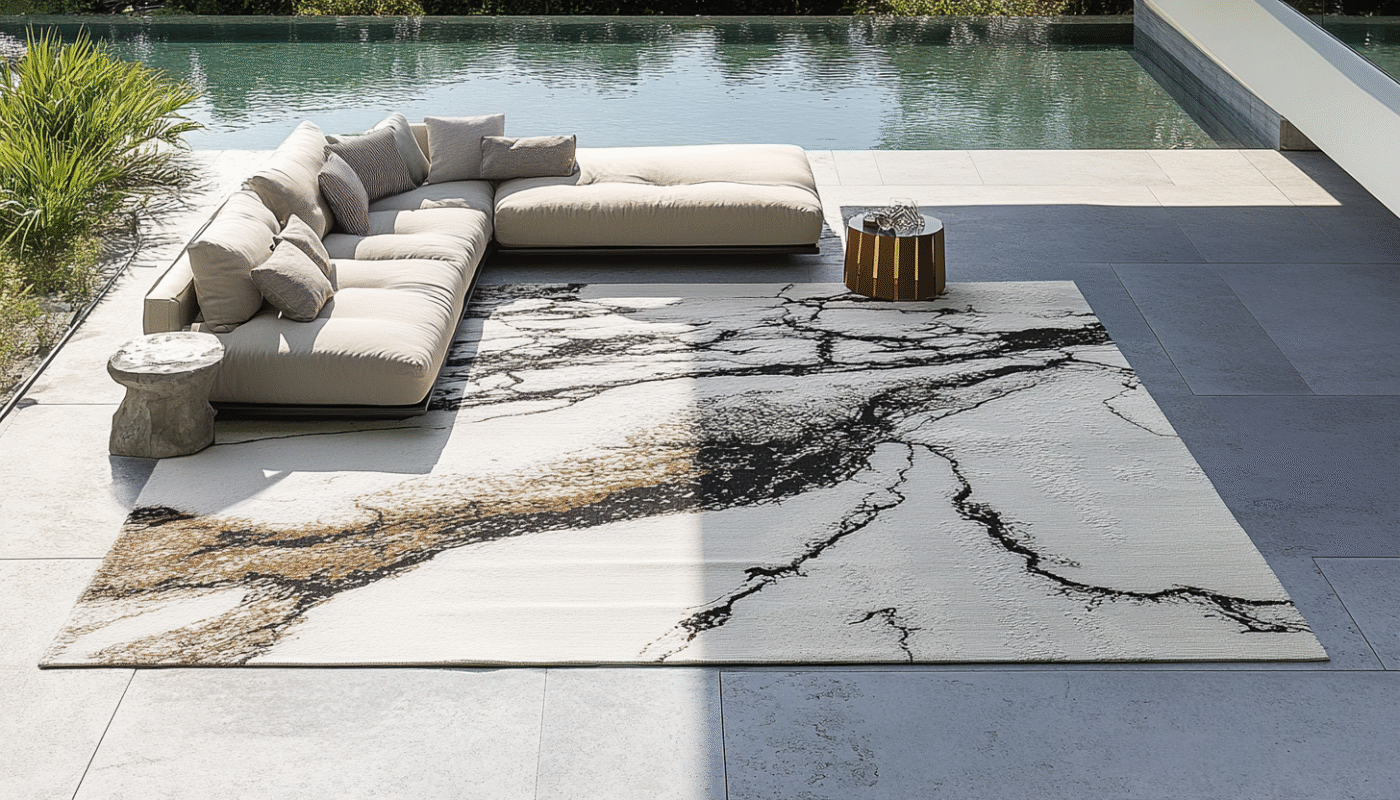 Large outdoor rug with beige sectional sofa by pool in modern patio area.