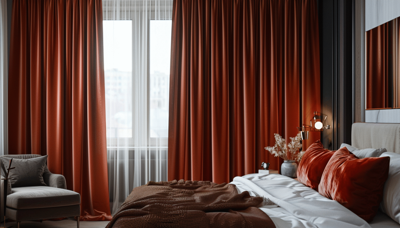 Modern bedroom with orange curtains and a cozy chair.