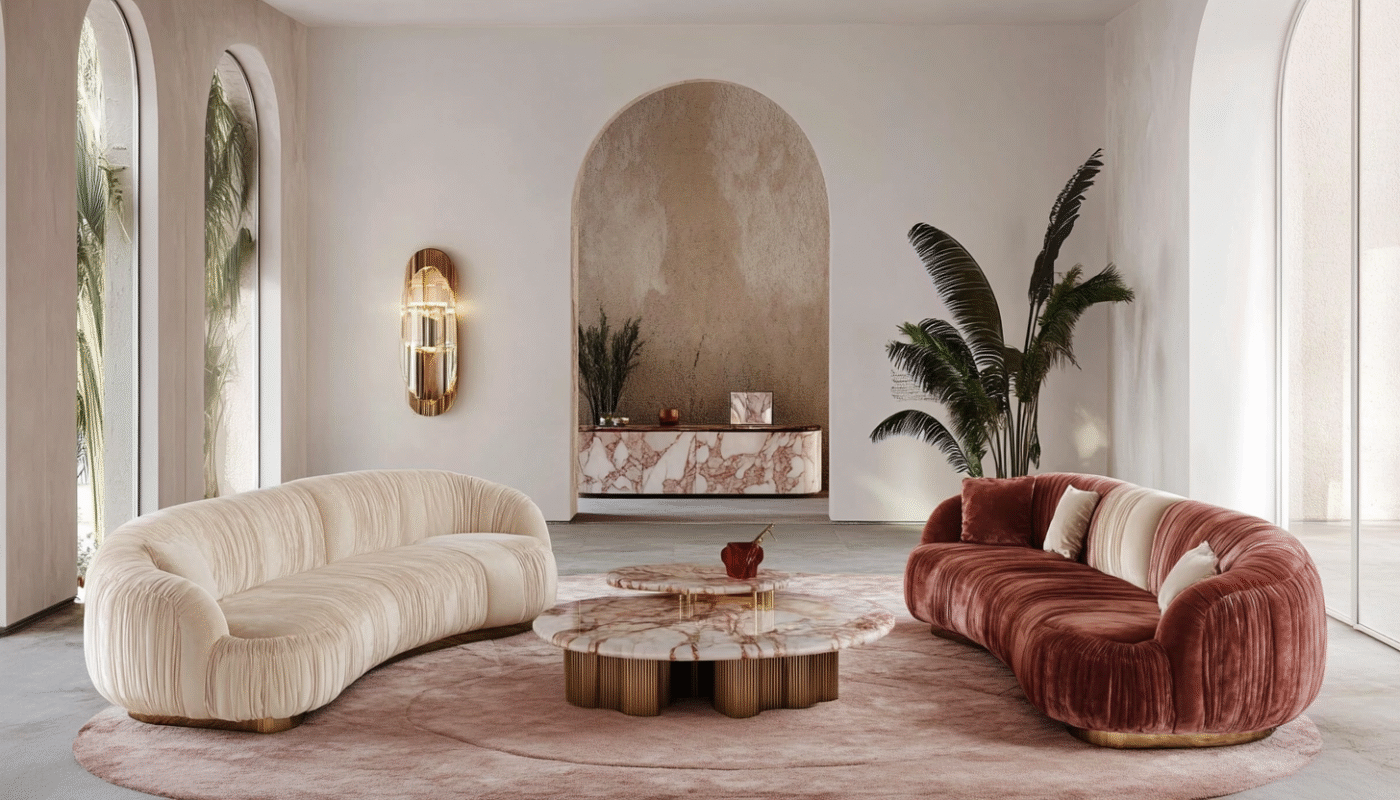 Curved cream and rust velvet sofas on round rug in sophisticated Italian luxury interior