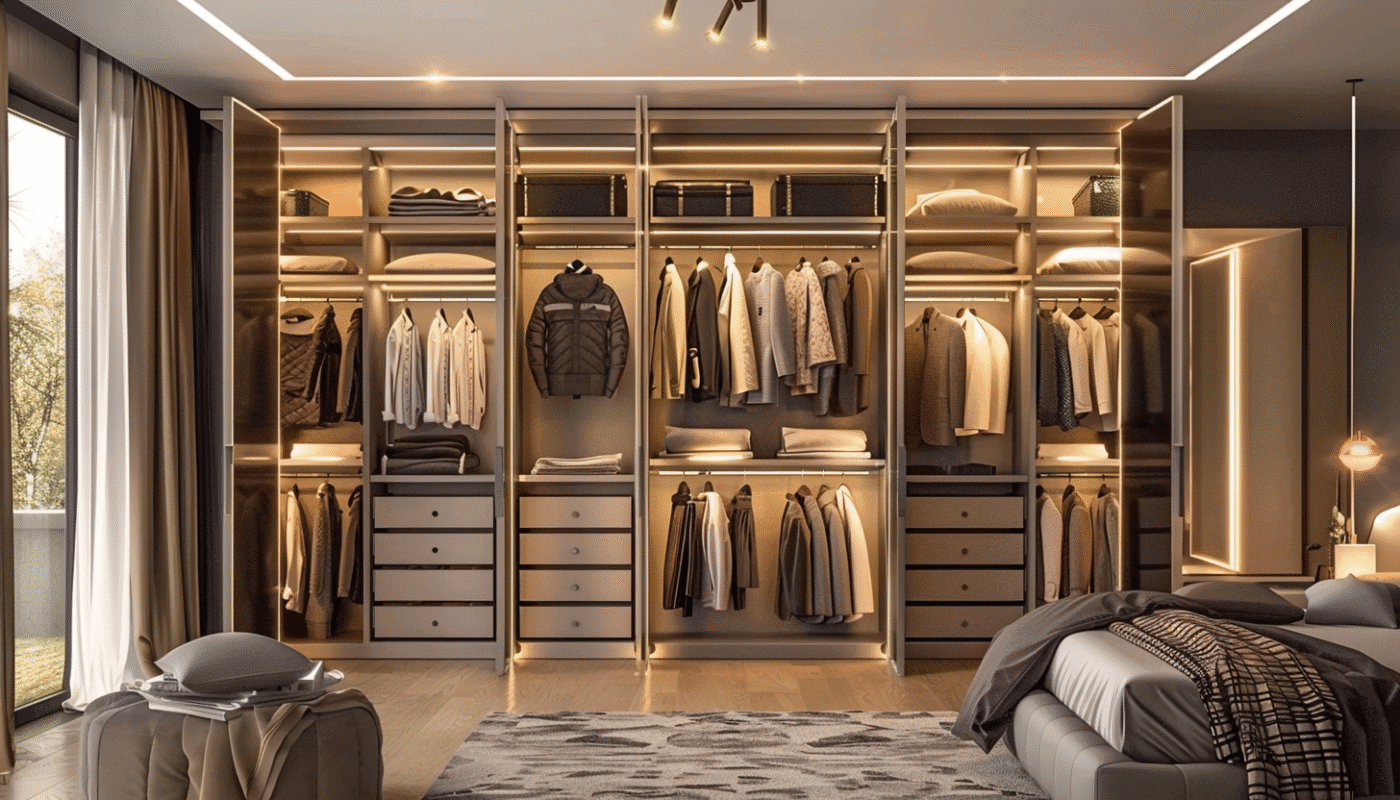 Sleek and sophisticated bedroom with a stylish wardrobe design.