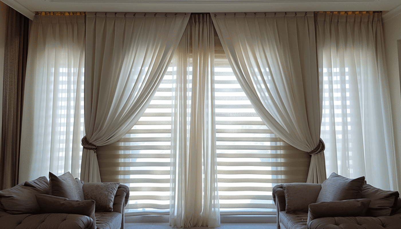 Living room with elegant beige curtains and comfortable seating.