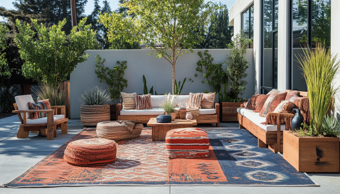 Red and blue outdoor rug with wooden garden furniture and cushions.