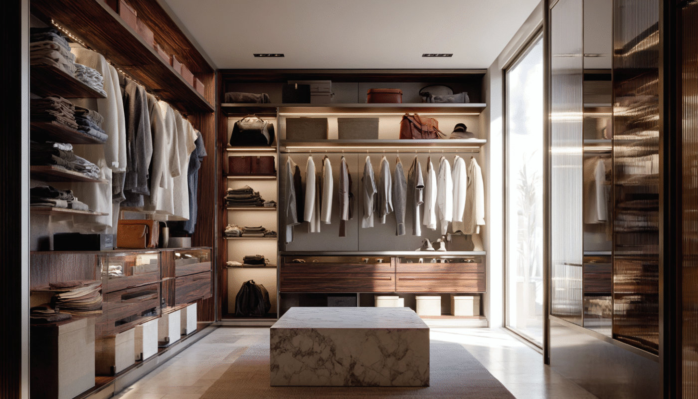 Bespoke wardrobe design with tailored shelves and hanging space for luxury storage.