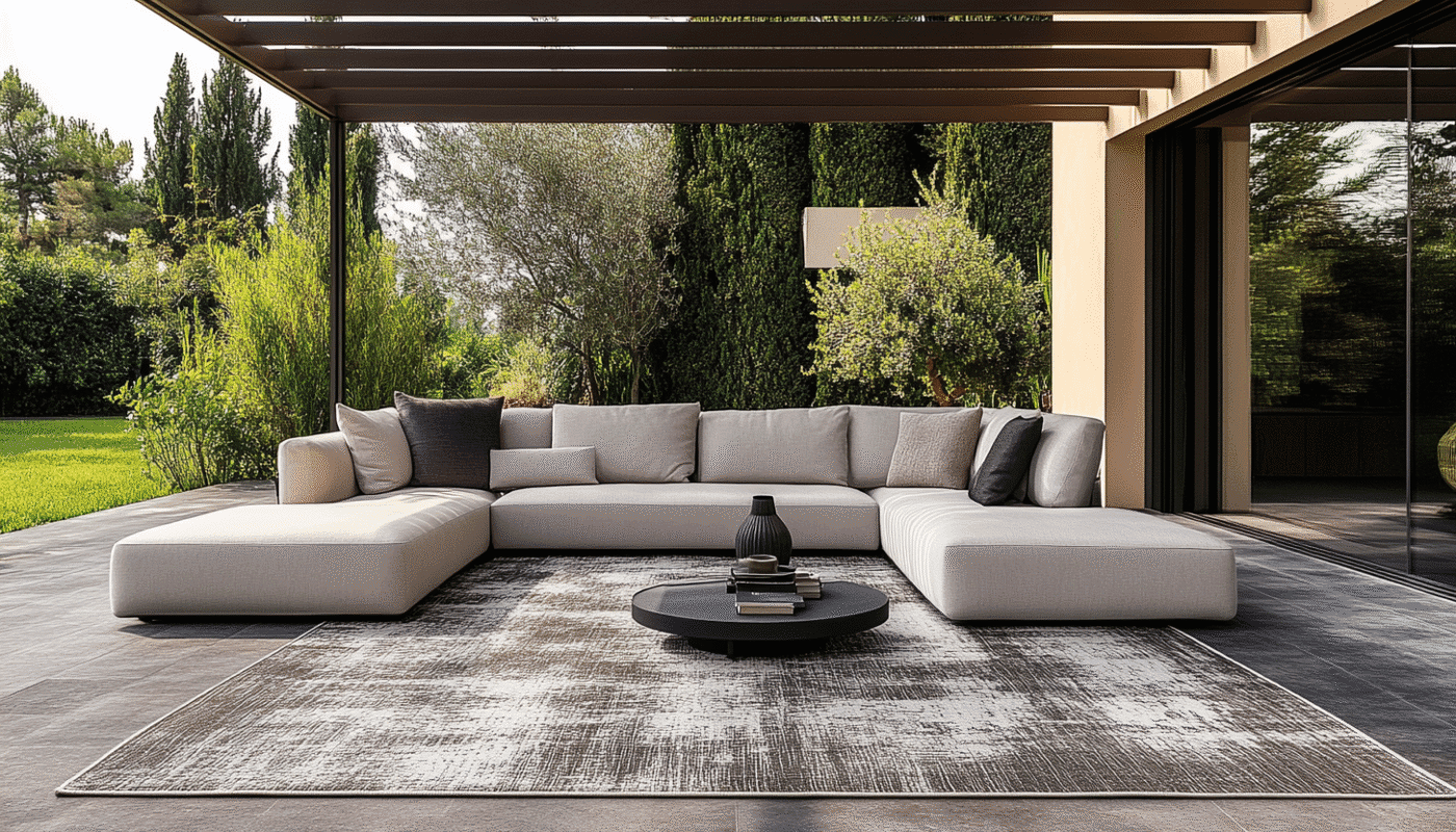 Grey outdoor rug with light grey sofa under pergola in lush garden patio.