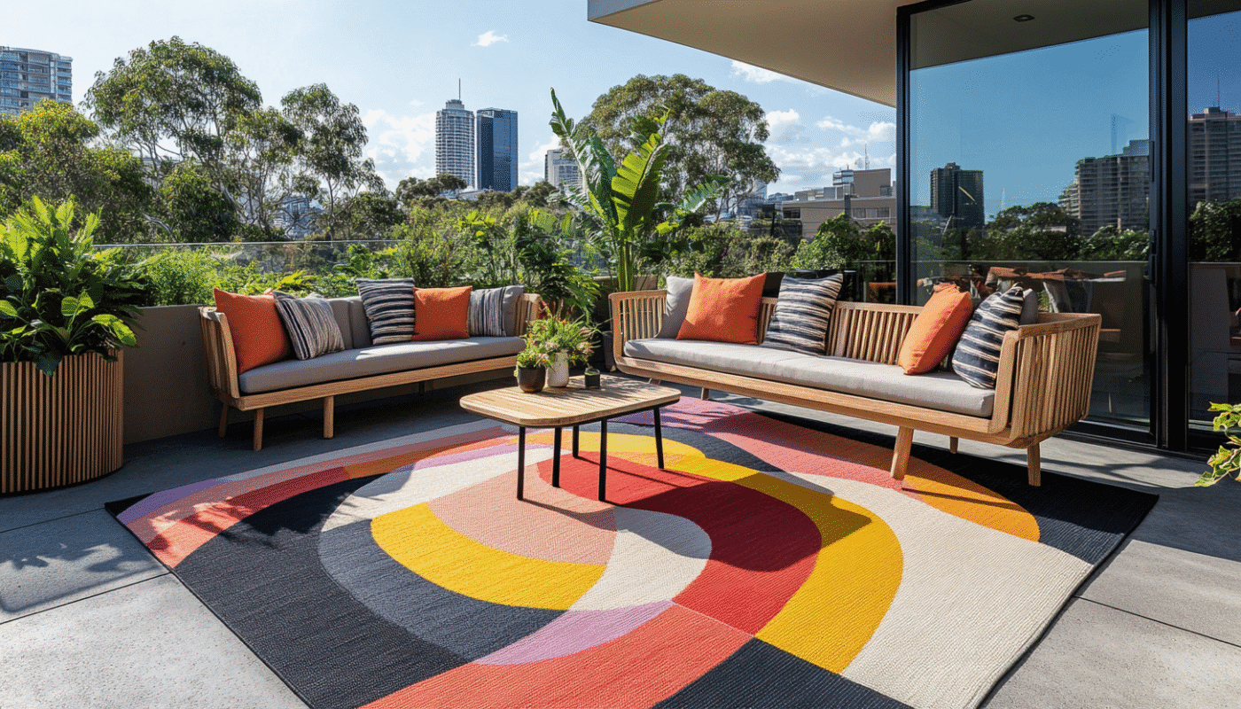 Colourful outdoor rug with wood sofas and bright cushions on sunny balcony.