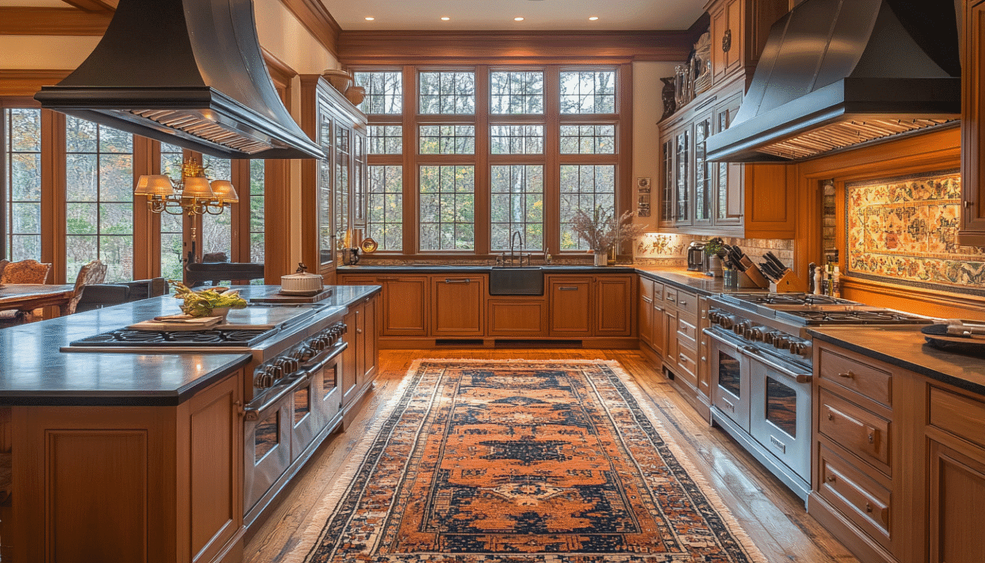 Luxury kitchen with wooden cabinets and black countertops, featuring a large kitchen rug.