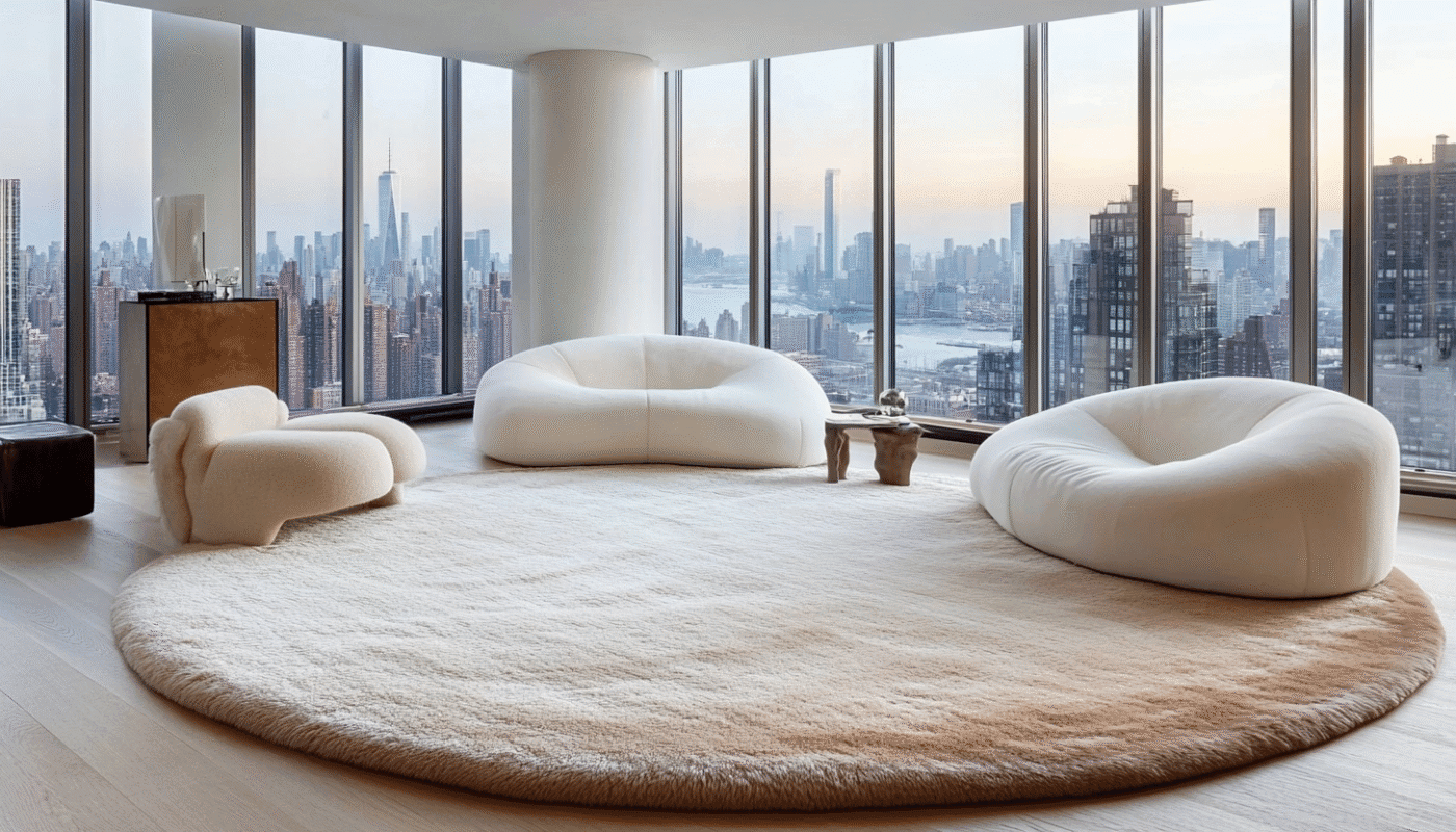 Plush white round rug under curved sofas with panoramic city views in luxury apartment