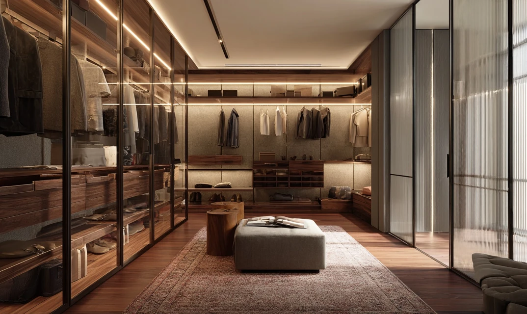 glass fronted walk in wardrobe