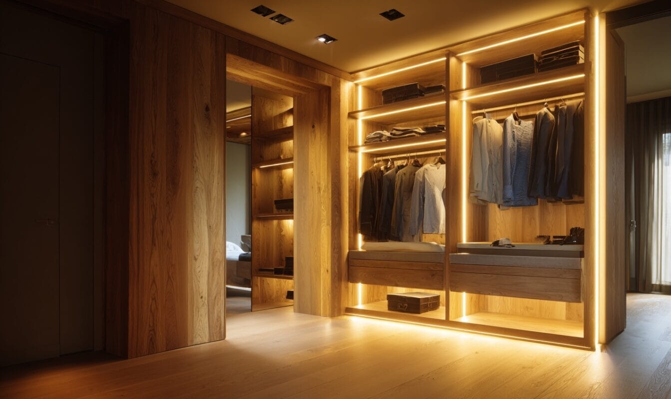 integrated lighting in wooden wardrobe designs